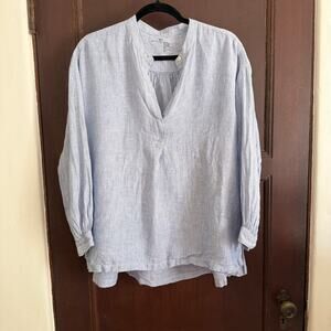 MUJI | Blue and White Striped Linen Boho Boxy Blouson Top | Medium \ Large